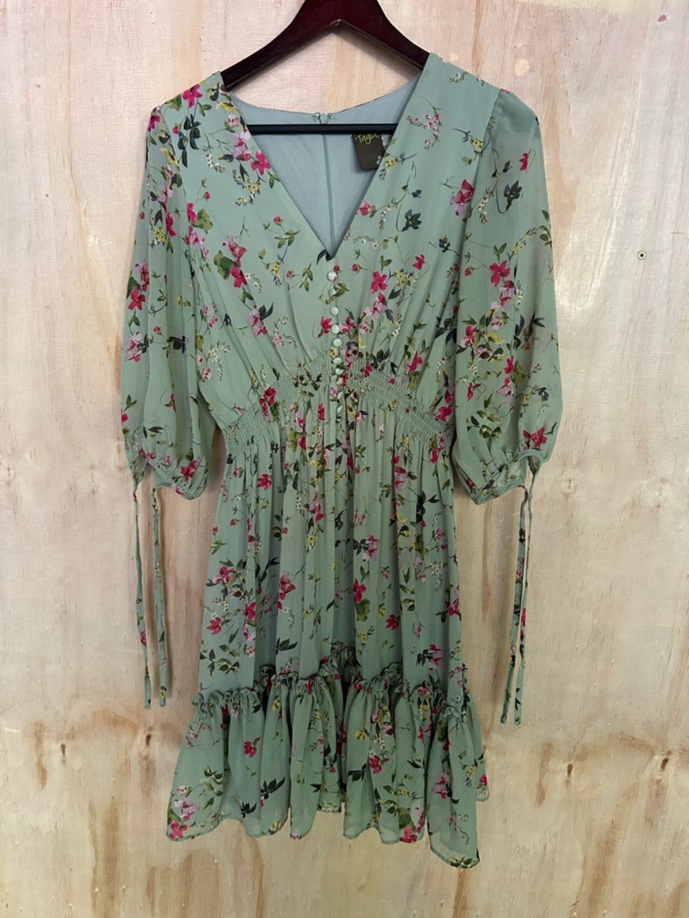 Taylor Mint Green Floral Midi Dress with Pink Blossoms